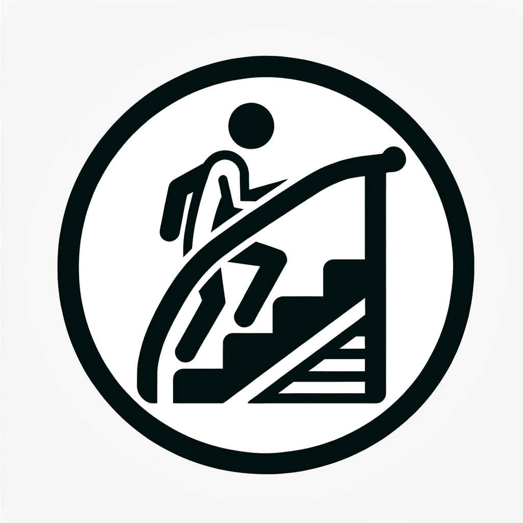 A black and white icon of a person climbing stairs.