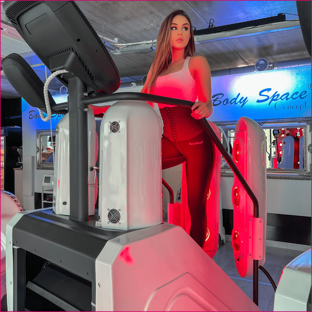 A woman in red pants and white top using an exercise machine.