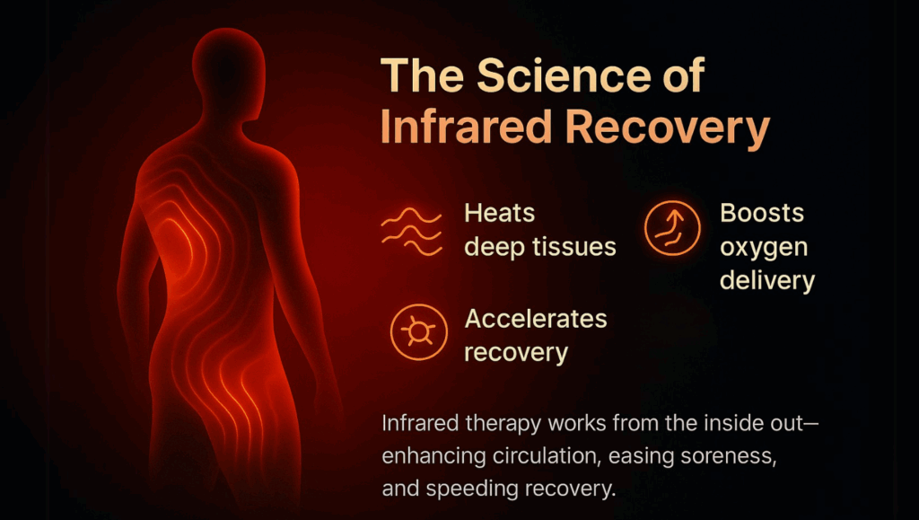 Illustration of a human figure with glowing heat waves, highlighting the benefits of infrared recovery therapy.