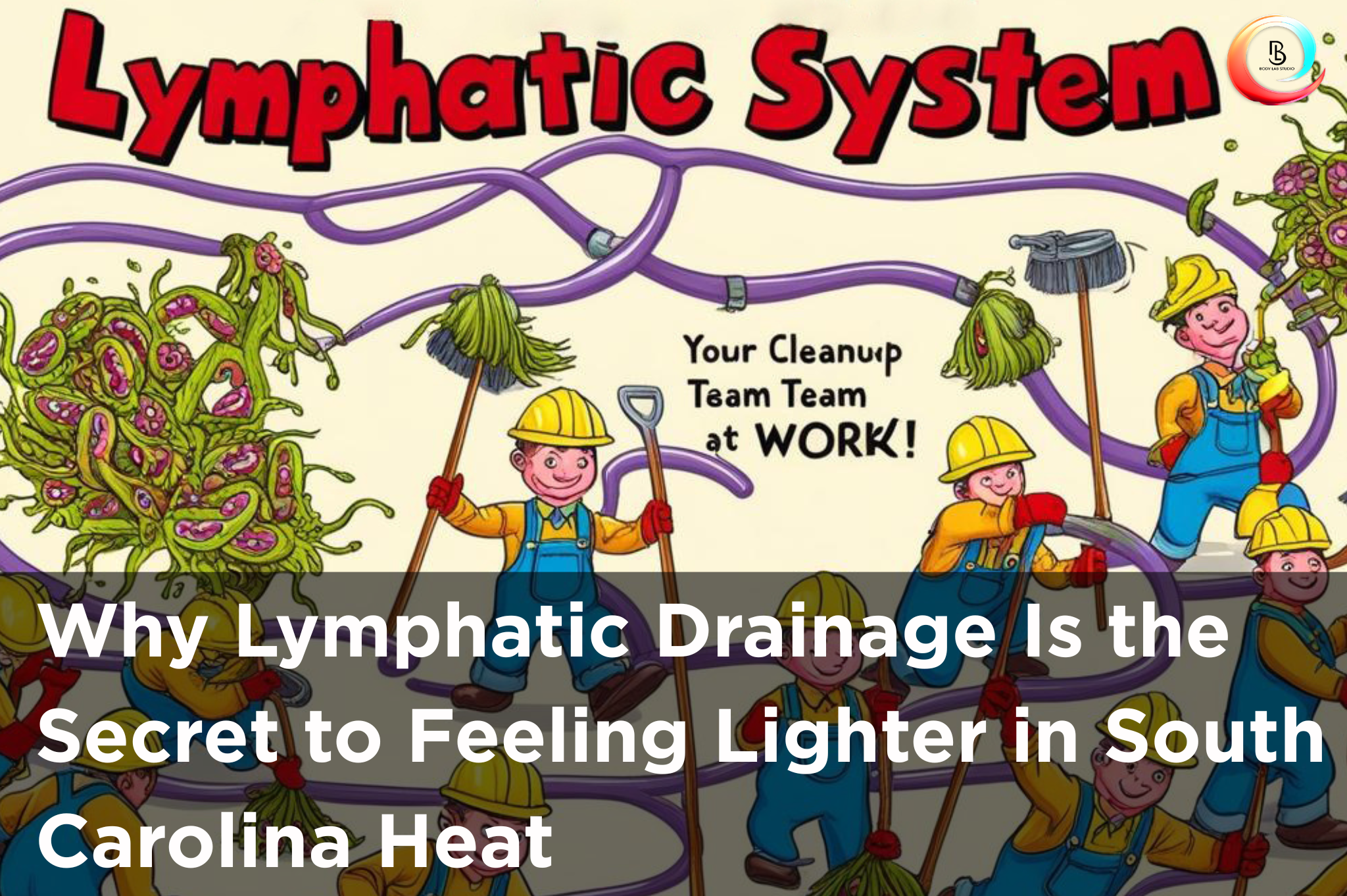 Cartoon workers cleaning up waste to represent the lymphatic system.