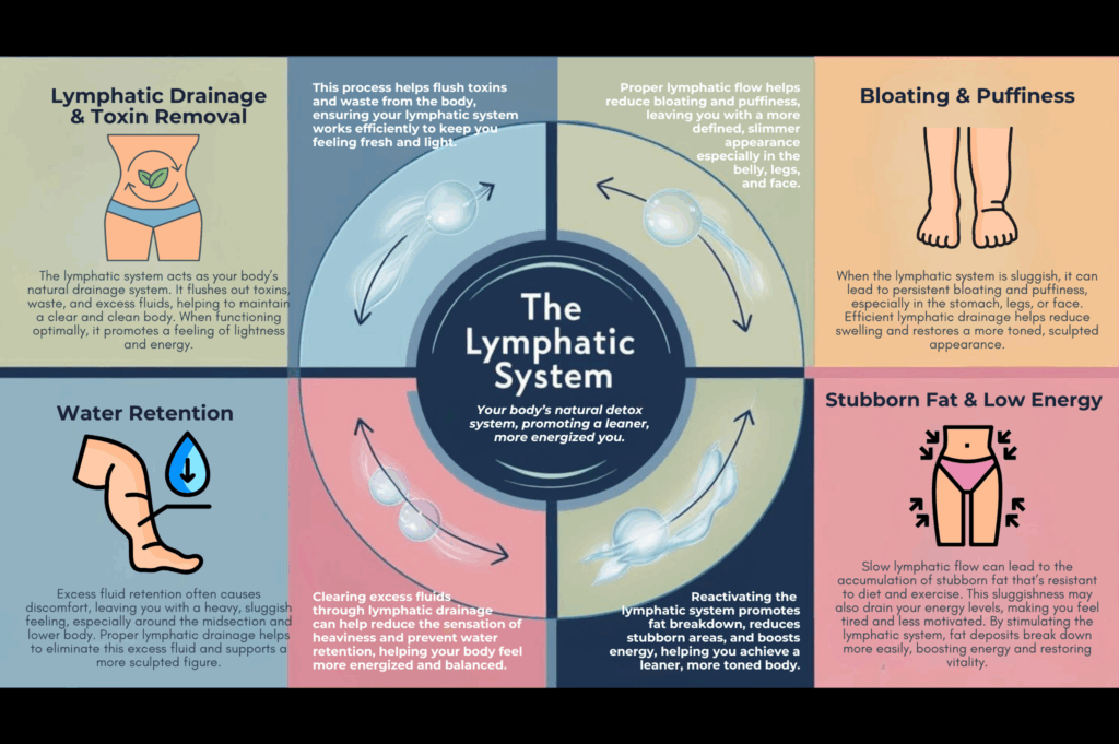 Infographic explaining the lymphatic system’s role in detox, water retention, bloating, puffiness, stubborn fat, and energy.
