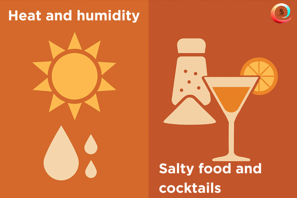 Infographic of summer heat, humidity, and salty foods as causes of swelling.
