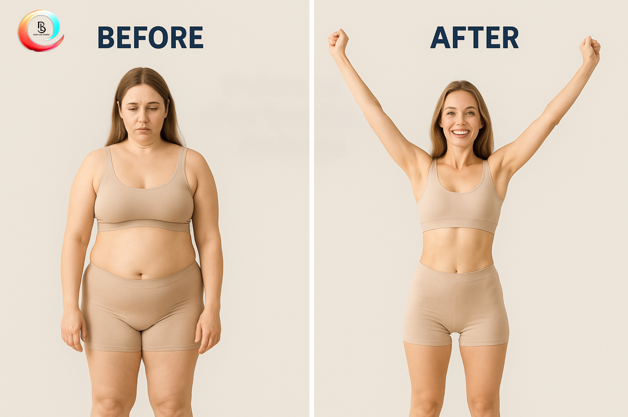 Before-and-after comparison of a woman showing results of lymphatic drainage, from bloated and tired to slim and energized.