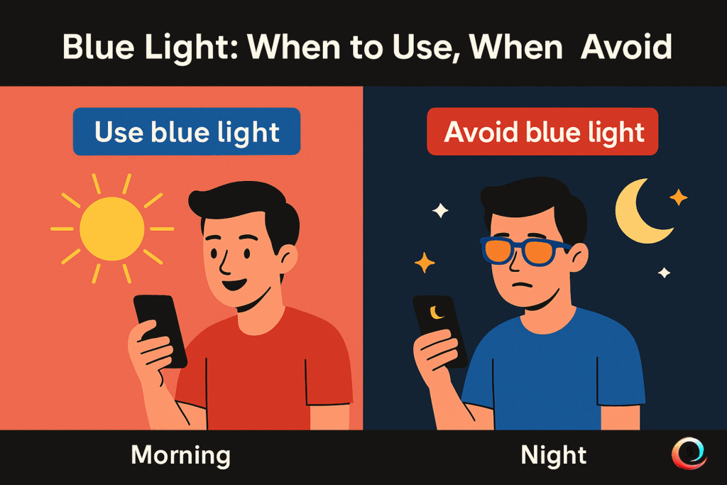 Graphic comparing blue light use in the morning vs. night