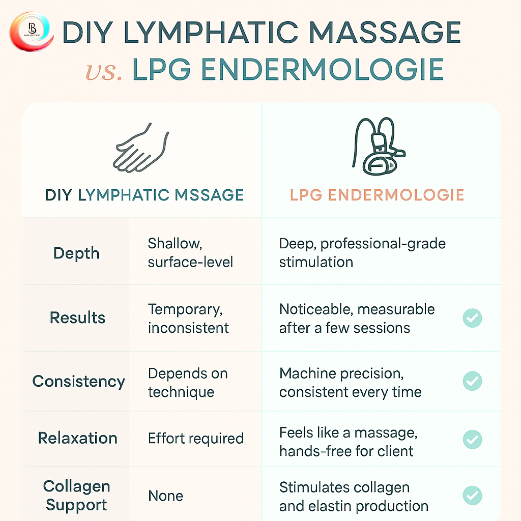 Comparison chart of DIY lymphatic massage vs. LPG Endermologie.