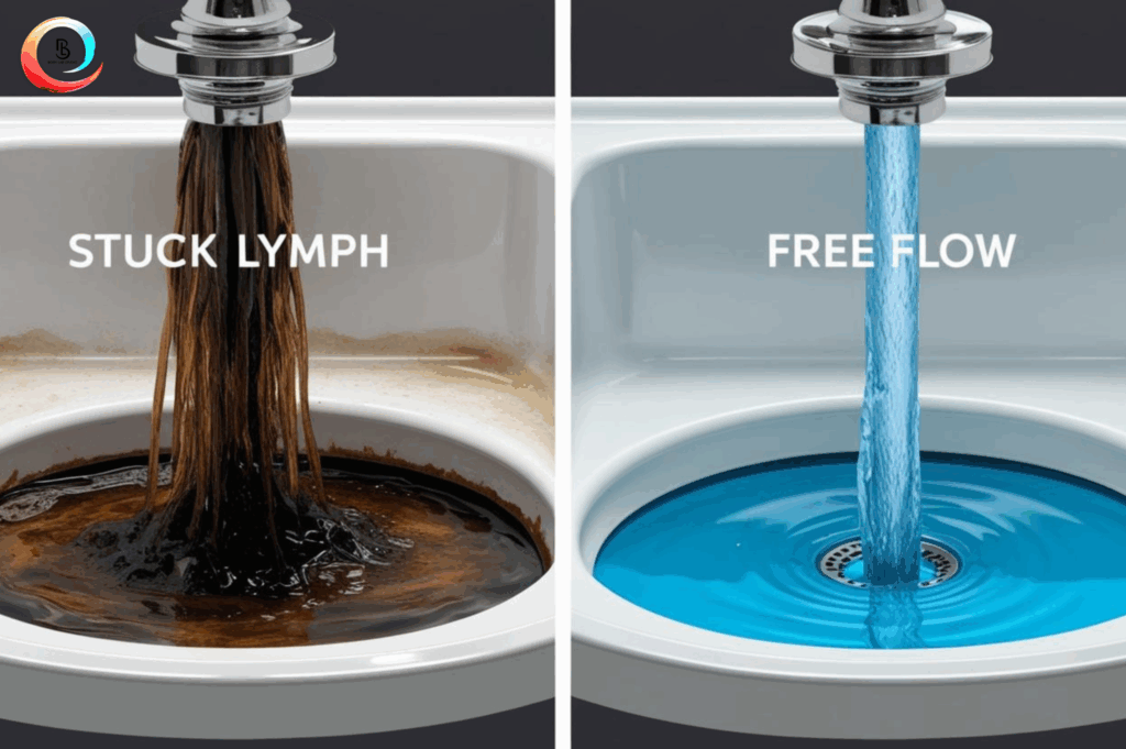 Split image showing clogged brown water labeled "Stuck Lymph" versus clear blue water labeled "Free Flow," symbolizing lymphatic health.