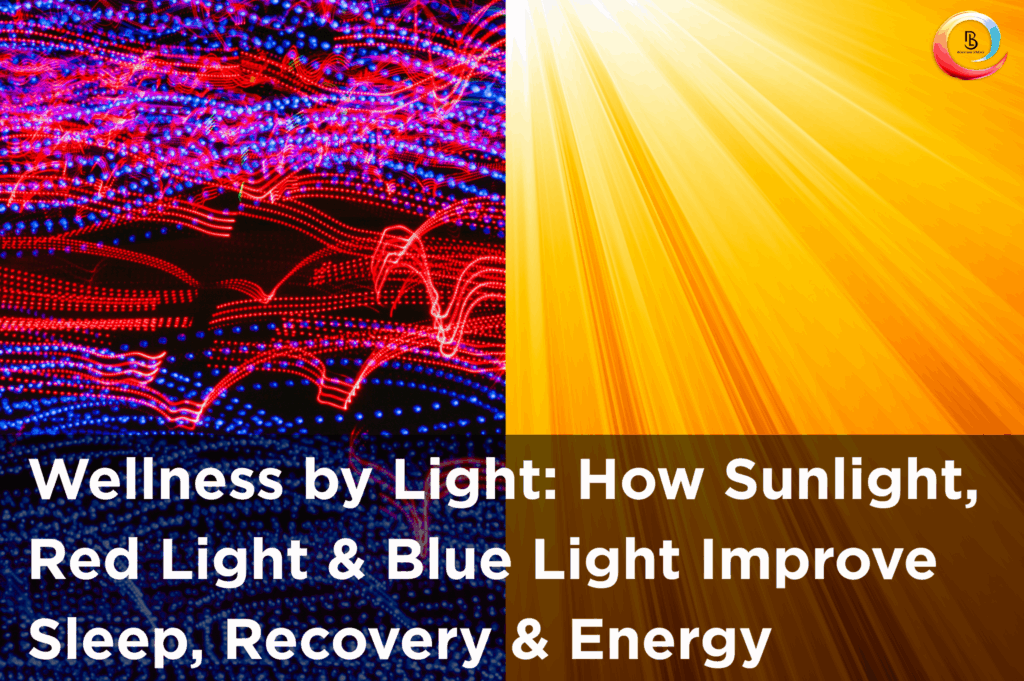 Split image showing dynamic red and blue light trails on the left and radiant golden sunlight beams on the right, representing red, blue, and sunlight therapies.