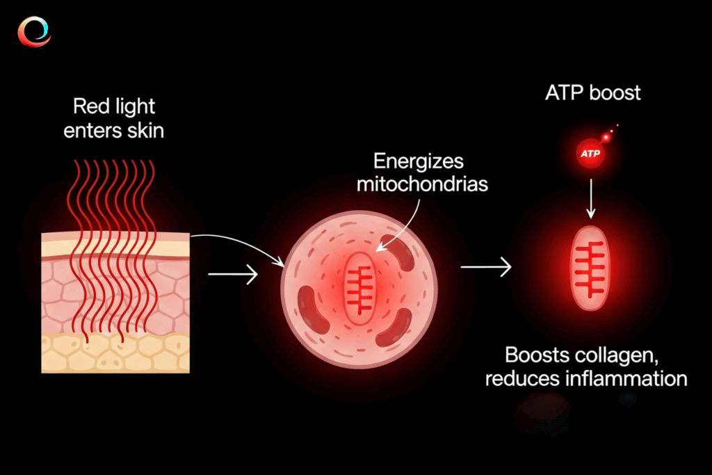 Diagram showing red light stimulating mitochondria in skin cells