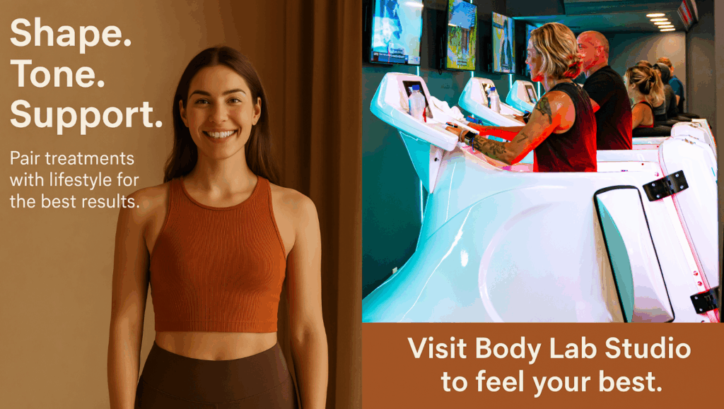 Smiling woman in fitness attire alongside people using wellness machines, with text promoting Body Lab Studio for shaping, toning, and lifestyle support.