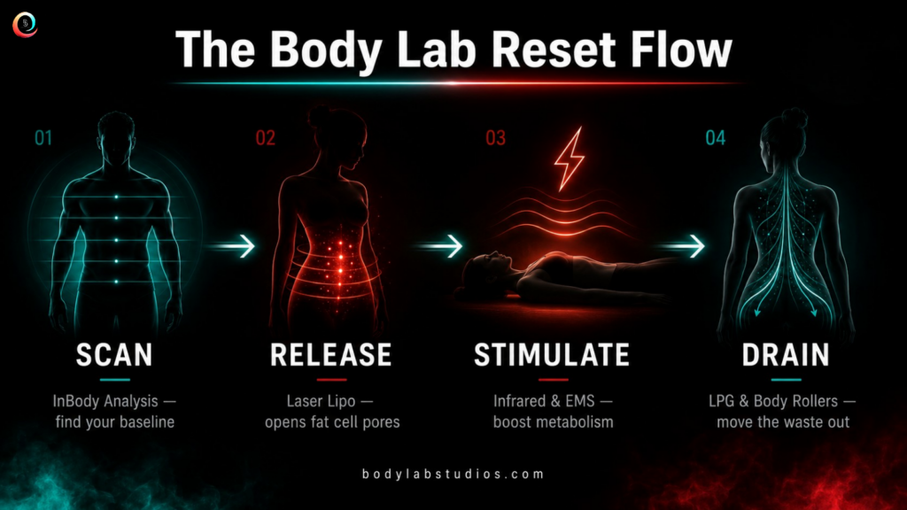 Body Lab Studio four-step reset flow covering InBody scan, laser lipo, infrared EMS stimulation, and LPG drainage in Myrtle Beach