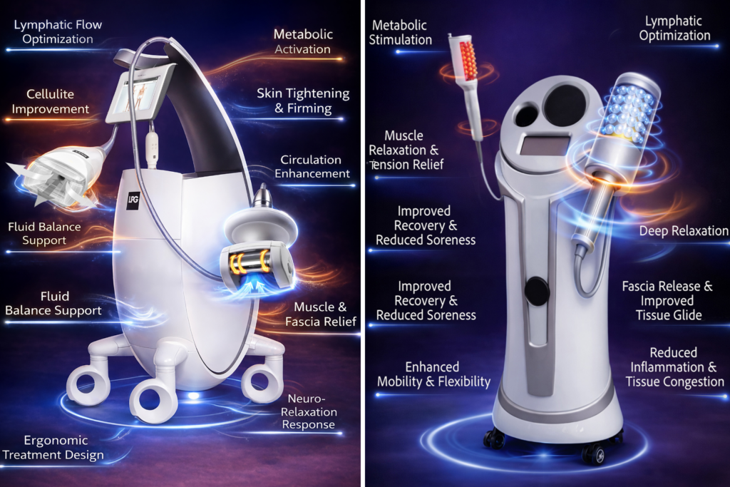 LPG Endermologie and Microvibration Roller device comparison infographic showing recovery and lymphatic benefits at Body Lab Studios Myrtle Beach
