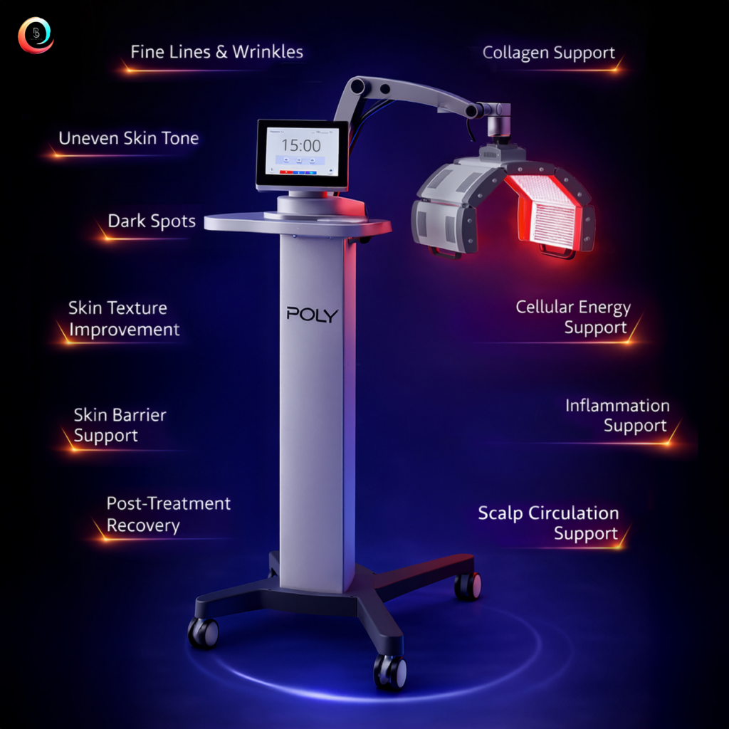 POLY red light therapy device diagram showing nine skin rejuvenation and cellular recovery benefits at Body Lab Studios Myrtle Beach