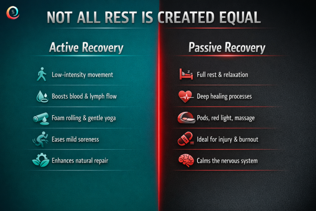 Active versus passive recovery comparison infographic showing treatment benefits for rest and regeneration at Body Lab Studios Myrtle Beach