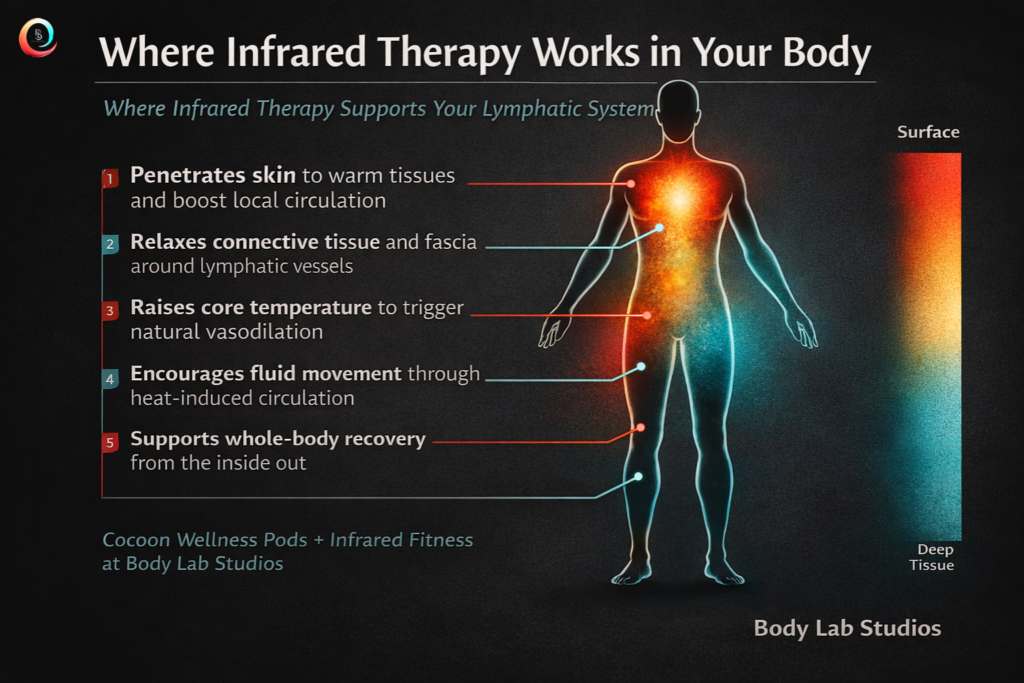 Infrared therapy body penetration infographic showing five lymphatic and circulation support benefits at Body Lab Studios Myrtle Beach