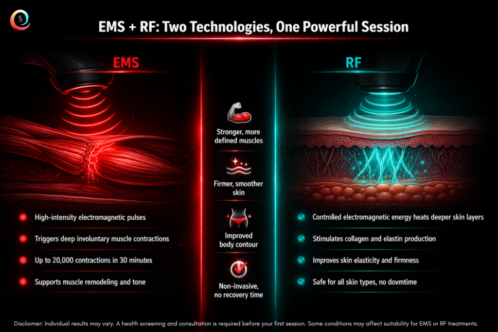 EMS and RF sculpting technology comparison infographic showing muscle remodeling and collagen stimulation benefits in one non-invasive session at Body Lab Studio Myrtle Beach