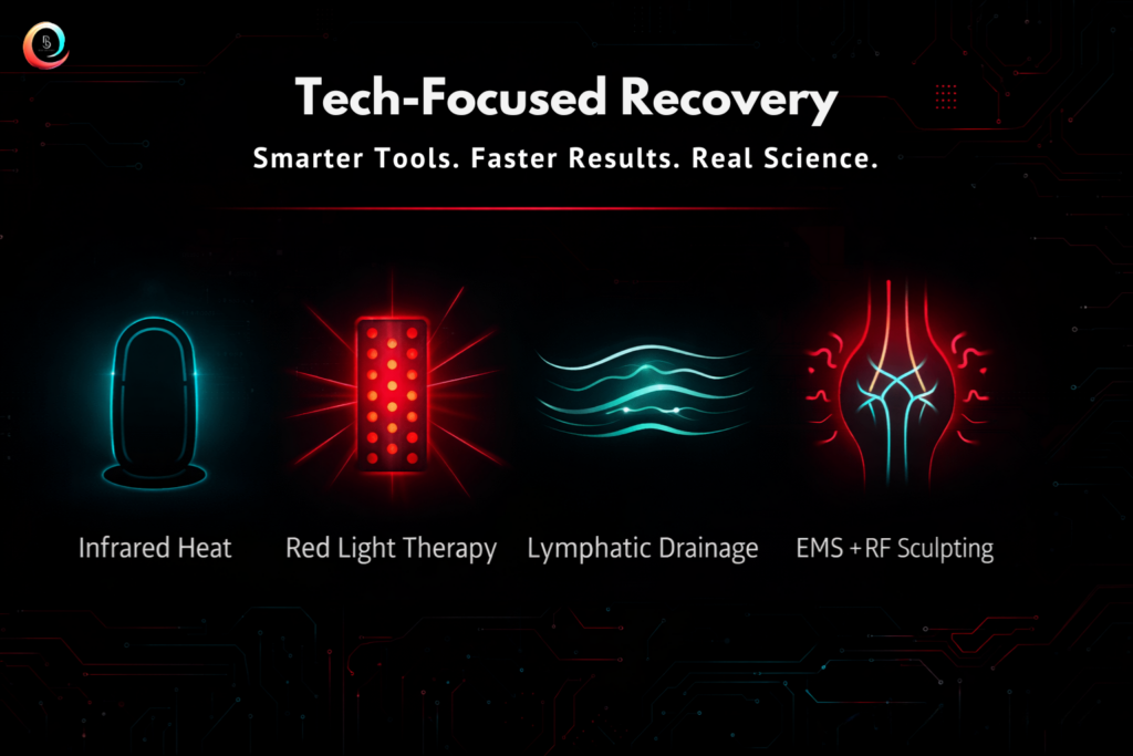 Tech-focused recovery infographic showing four science-backed treatment technologies including infrared heat red light lymphatic drainage and EMS RF sculpting at Body Lab Studios Myrtle Beach