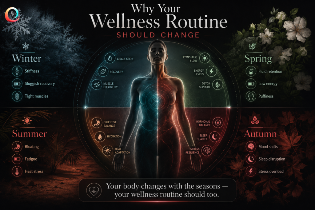Seasonal infrared wellness routine guide addressing circulation, lymphatic flow, hormonal balance, and recovery