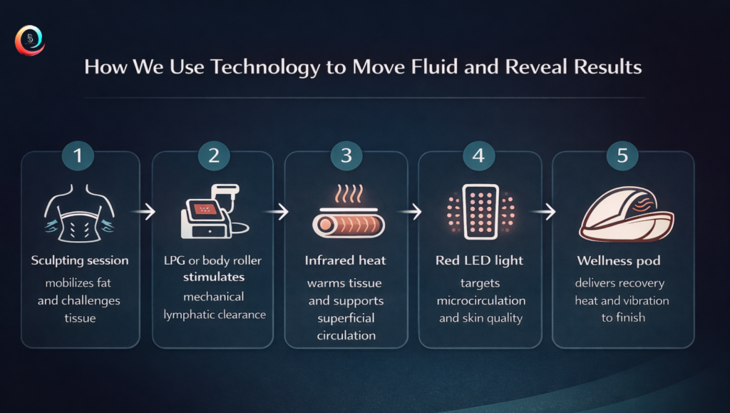 Body Lab 5-step body sculpting and lymphatic drainage technology protocol using LPG, infrared heat, red LED light, and wellness pod |