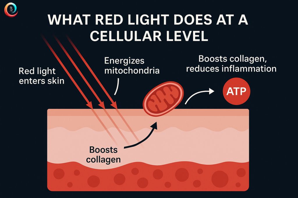 Red light therapy cellular science showing mitochondria energization, ATP production, and collagen boost at Body Lab Studio Myrtle Beach