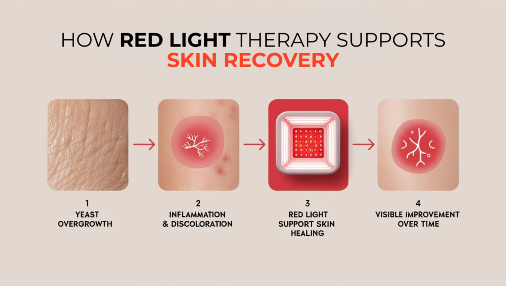 Red light therapy four-step skin recovery process for inflammation and visible skin improvement
