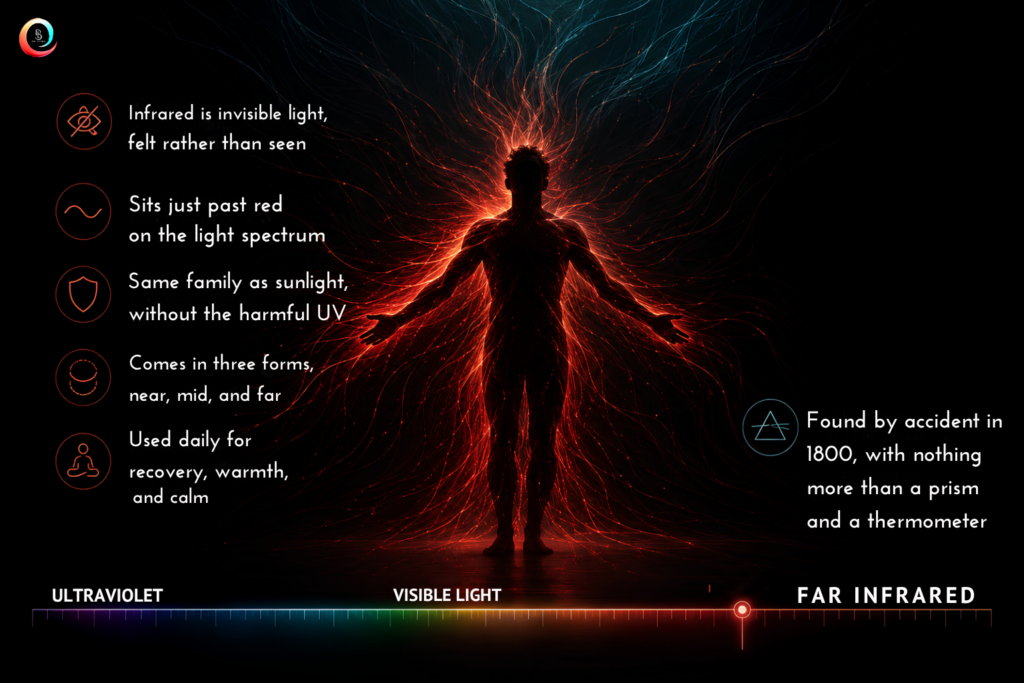 Diagram of a prism splitting light into a red to infrared gradient beside a photo of sunlight warming a human hand