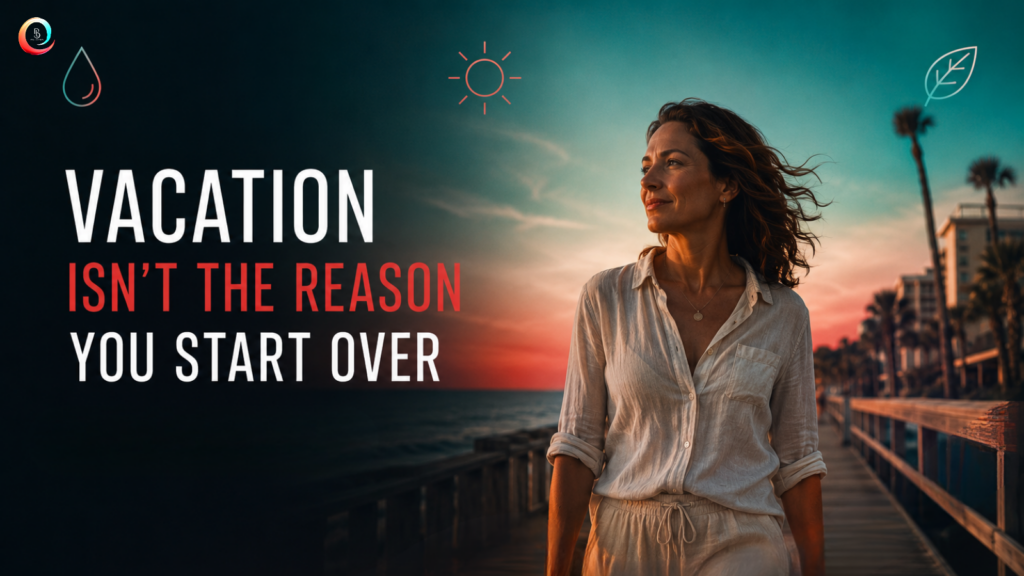 Woman walking on Myrtle Beach boardwalk at sunset representing summer wellness balance