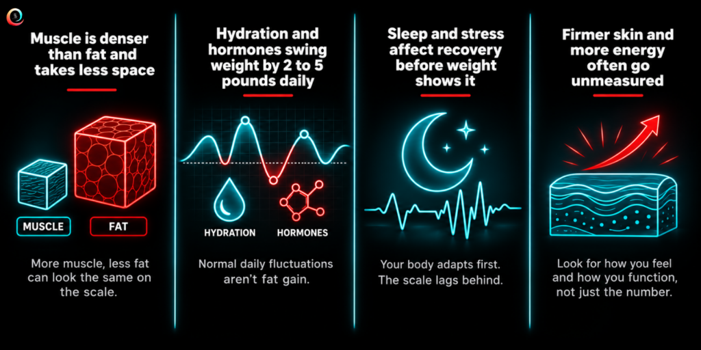 Four icon panels showing muscle density, hydration, sleep, and skin change