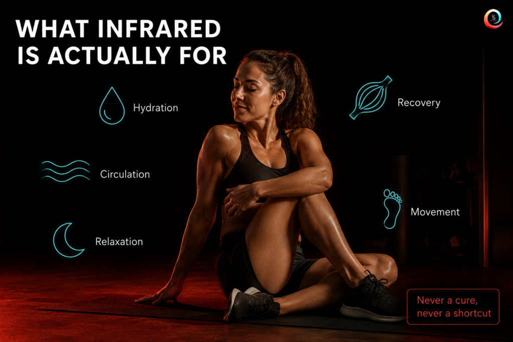 Person stretching after a workout surrounded by icons for hydration, circulation, relaxation, and recovery