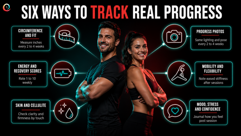 Man and woman back to back surrounded by six wellness tracking icons