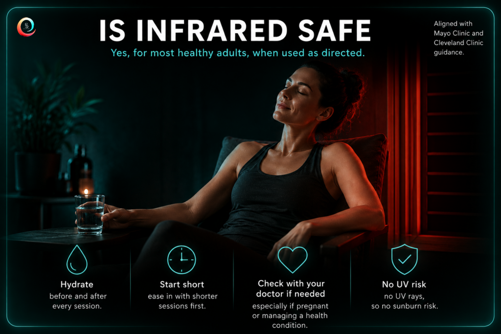 Infographic on infrared safety showing a relaxed person with icons for hydration, session timing, and doctor guidance