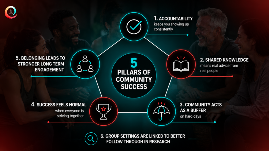 Five point diagram showing accountability, shared knowledge, emotional support, normalized success, and belonging as pillars of wellness community success