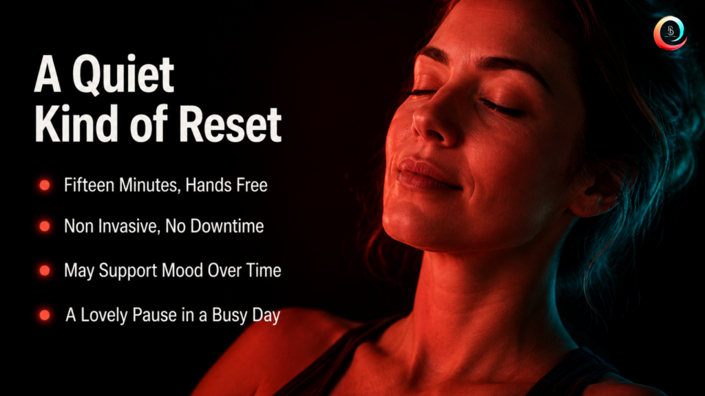 Close-up of a relaxed person with eyes closed in a soft red glow beside text describing calming wellness benefits.