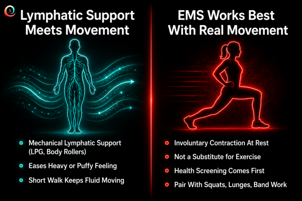 Split infographic showing lymphatic flow and EMS concepts paired with movement benefits and exercise guidance.