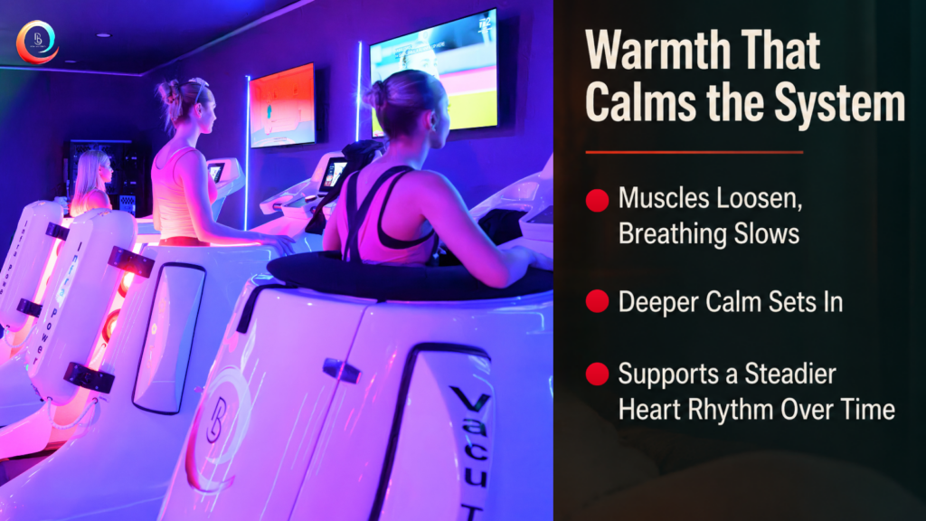 Person reclining under a soft blanket with eyes closed in warm ambient light beside text about calming warmth and relaxation benefits.