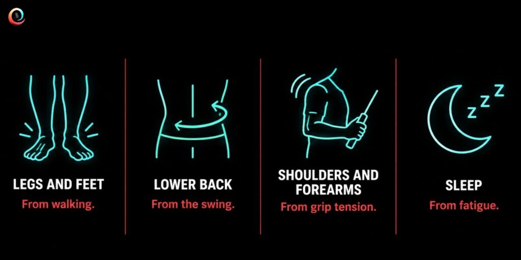 Legs and feet, swelling from hours of walking Lower back, from the rotation of the swing Shoulders and forearms, from grip tension and repetition Sleep, disrupted by fatigued muscles and standing all day